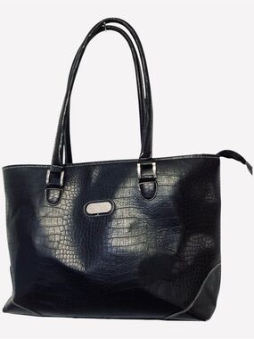 Bob Mackie Black Faux Croc Embossed Tote Shoulder Travel Bag Large Purse